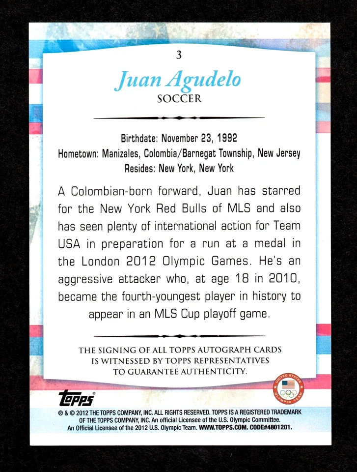 Autógrafo de fútbol del equipo olímpico de Estados Unidos Topps 2012 Juan Agudelo Foto 2 de 2