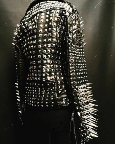 Women's Full Black Jacket Punk Silver Long Spiked Studded Real Leather Jacket - Image 2 of 3