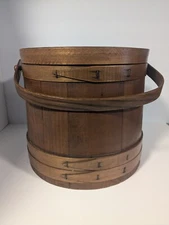 Antique Firkin Wood Sewing Bucket with Lid and Handle