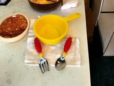 Vtg 80s Gerber Red Yellow Feeding Bowl Spoon Fork Rubber Stubby Grip Handles