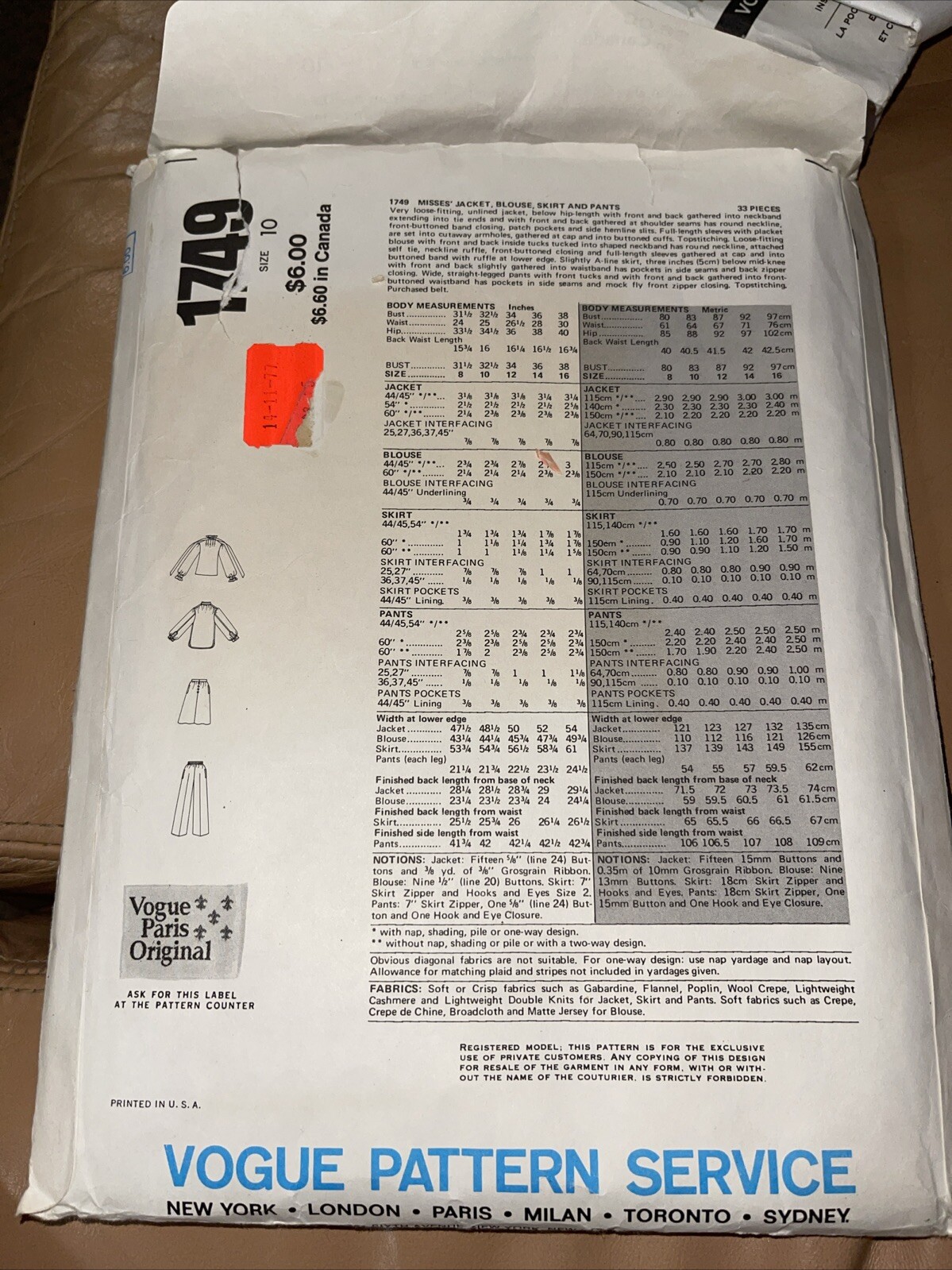 VOGUE 1749 Modello Yves Saint Laurent 10 NON TAGLIATI Giacca Camicia Camicia Pantaloni