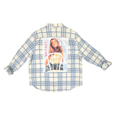 Custom Britney Spears Back Flannel Shacket Sz 3XL Blue Cream Plaid Button Down