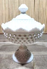 Vintage Fenton Art Glass Milk Glass Hobnail Pattern Footed Candy Bowl