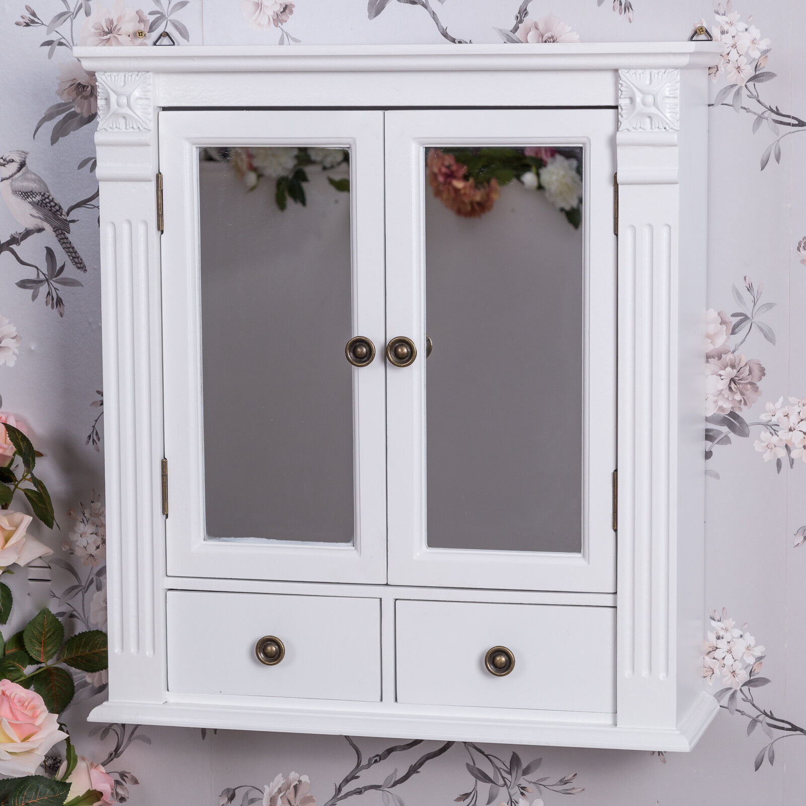 White Wooden Mirrored Bathroom Wall Cabinet Vintage Chic Cupboard