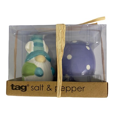 Tag Bunny Gnome Salt Shaker Purple Easter Egg Ceramic Shakers NEW 