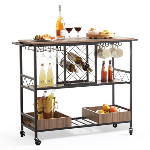 VEVOR 3-Tier Bar Serving Cart Rolling Trolley with Wine Grid Glass Holder 300LBS - Picture 10 of 12