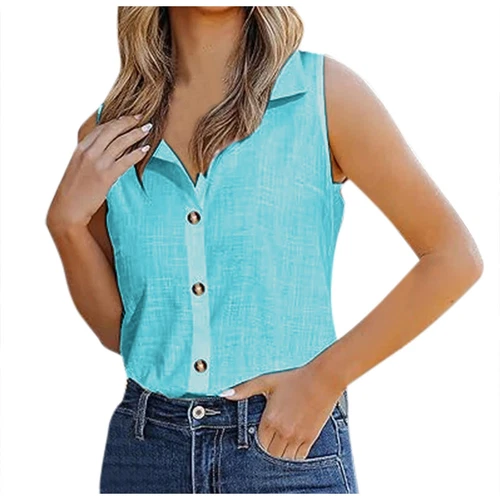 Damen Ärmellose Button Down Shirts Blusen Einfarbig Freizeit Leinen V Ausschnitt - Bild 38 von 39