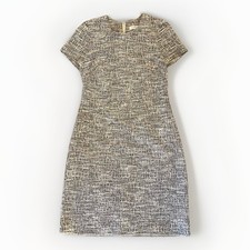 Calvin Klein Tweed Sheath Dress Size 4 Black Cream Cap Sleeve Career Zip Back