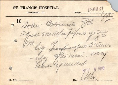 1918 Flu Pandemic Sodium Bromide Rx St. Francis Hospital Litchfield IL Script