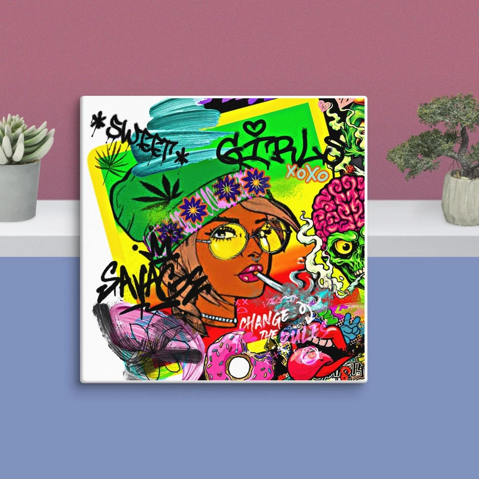 Lienzo estirado obra de arte graffiti audaz callejera urbana princesa hippie - arte femenino Foto 4 de 4