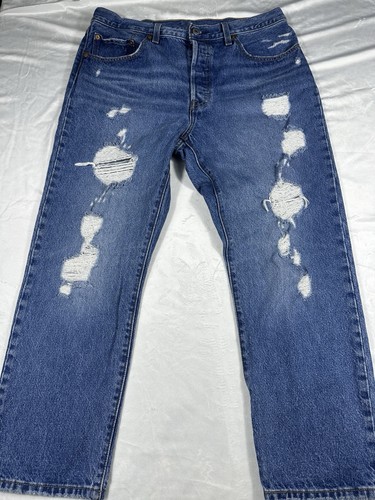 Levi's 501 Jeans 32/26Blue Denim Button Fly Straight Leg WaterLess Ripped - Picture 1 of 19