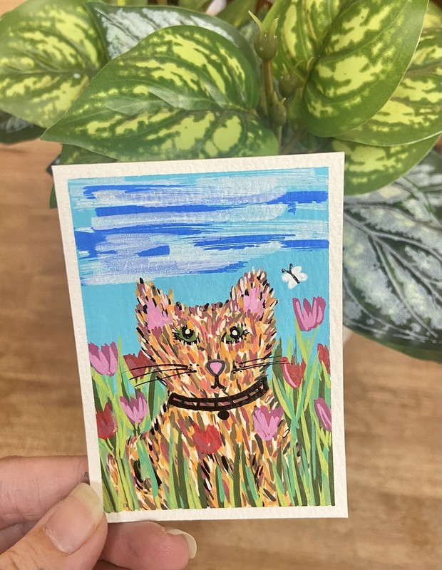 Original Art ACEO kitten -cat in garden acrylic miniature painting floral design