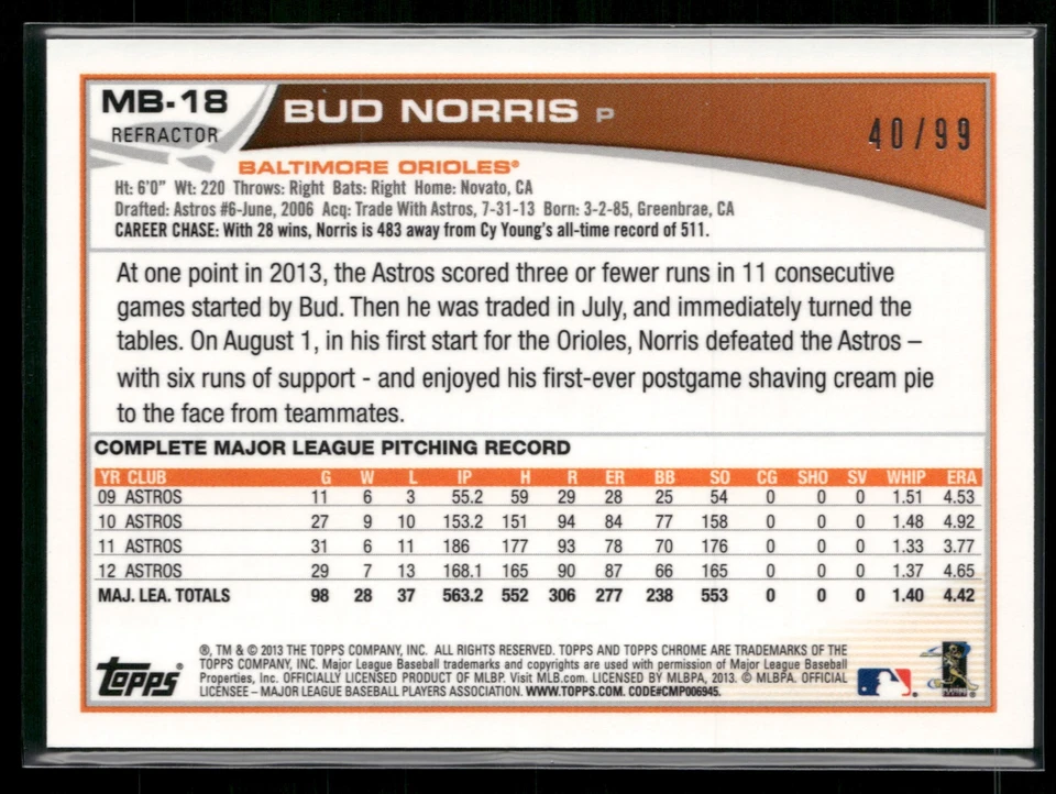 2013 Topps Chrome Update #MB-18 Bud Norris Black #/99 - Image 2 of 2