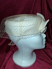 Vintage Cream Pillbox Hat with Bow  Birdcage Veil Mid-Century Mod Dress Hat