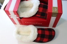 CHARTER CLUB Faux Fur Trim Hoodback Slippers Size MD 7-8 Red/Black Retail 34.99