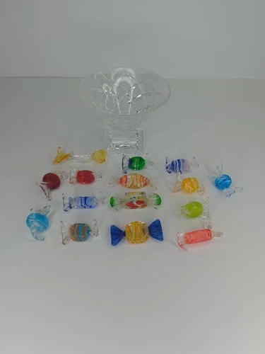 Vintage Murano Art Glass Small Candies Hand Blown 15 Pieces + Cut Crystal Dish