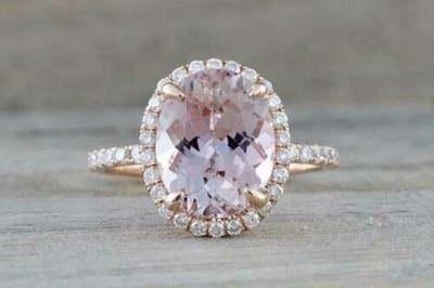 4Ct Oval Cut Morganite Diamond Halo Engagement Ring Solid 14K Rose Gold Finish