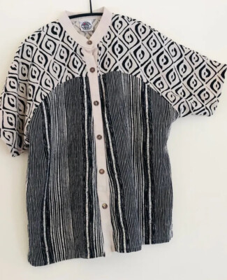 Produce Company -Sz L XL Tribal Batik Cotton Gauze Art-to-Wear Camp Shirt Blouse