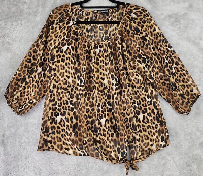 Express Shirt Womens Medium Leopard Print Retro Tie Waist Long Sleeve Blouse