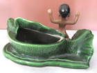 Rare Vintage MCM Ceramic Planter Man Big Green Koi Fish Hoop Earrings Hawaiian — photo 5