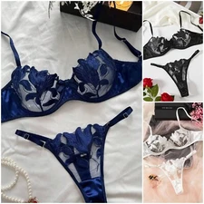 Women Bra Panty Set Floral Embroidery Lace Underwear Sexy Transparent Lingerie