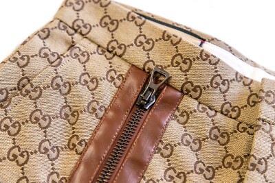 GUCCI GG Canvas Print Pants 46 size Zipper Leather Trim Michele
