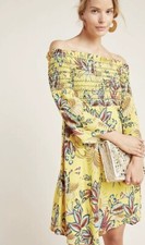 Anthropologie Farm Rio Bria Smocked Mini Dress Yellow Tropical Print Size Small