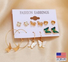 Women 3D Earrings 12PC Set Hollow Heart Butterfly Crystal Marble Glaze Stud 0478