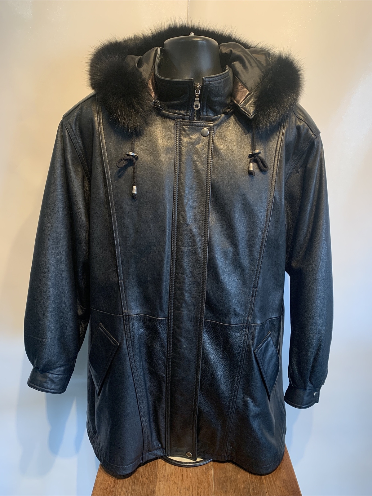 Field Gear Womens Black Leather Parka Coat Fox Fur Re… Gem