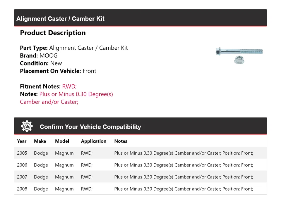 Комплект для выравнивания кастера/прогиба переднего привода для Dodge Magnum 2005-2008 годов выпуска MOOG 2005 - Изображение 2 из 3