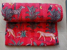 Jungle Print Cotton Kantha Quilt King Size Bedspread handmade Blanket Bedcover