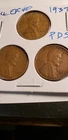 SET OF 3 1937 LINCOLN WHEAT PENNIES EXTREMELY  FINE  P, D AND S