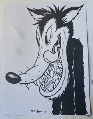 Big Bad Wolf Cartoon Character Horror Original Art drawing By Frank Forte