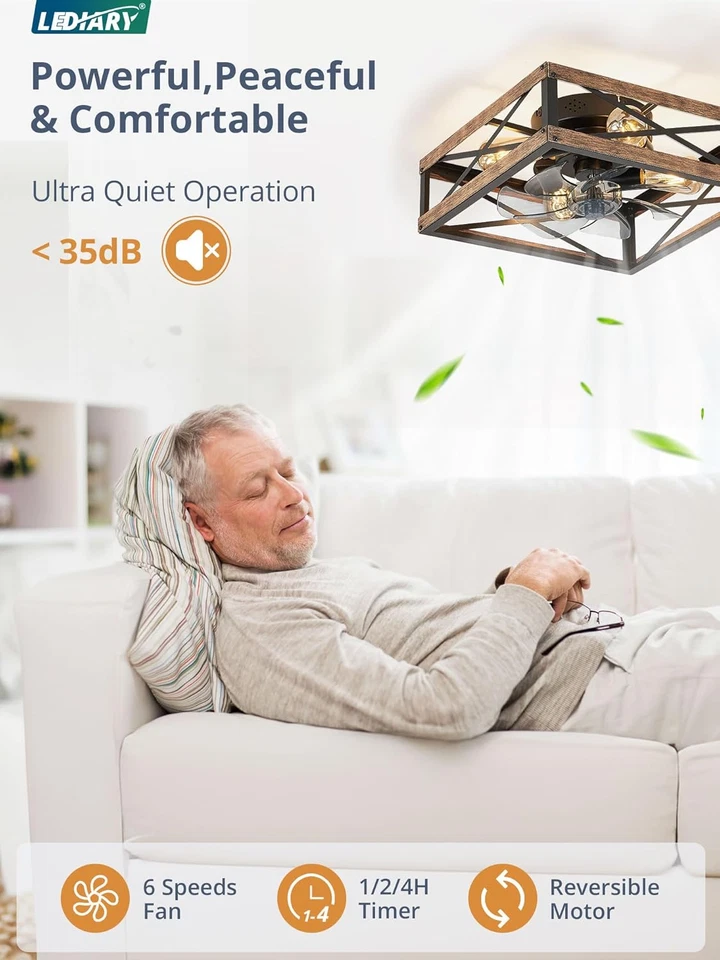 Caged Low Profile Ceiling Fans with Lights and Remote, Rustic Square Flush Mount - Image 2 of 4