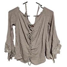 World Imports Of NY Taupe Top Womens Size XL Lace Up Cold Shoulder Bell Sleeve