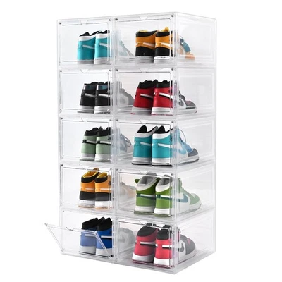BEEHOMAY 10 Pack Large Shoe Boxes Clear Plastic Stackable Drop Front with Door Containers