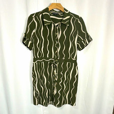 Halston Shirt Dress Women’s L Green White Abstract Collared Button Front S/S