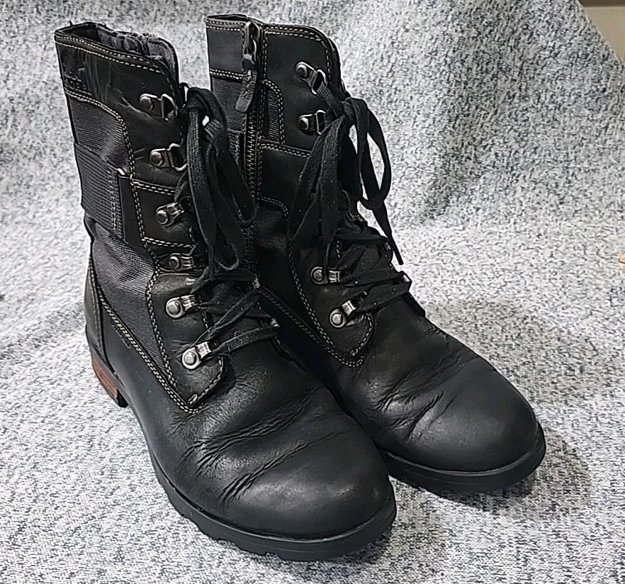 SOREL Emelie Conquest Leather Waterproof Combat Boots Black Sz 7.5 Steampunk