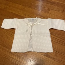 Vintage Cradle Knit Newborn Baby White Front Tie Long Sleeve Waffle Knit Robe