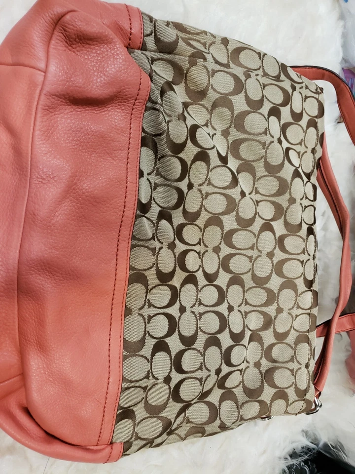 Bolsa de ombro Coach cáqui e laranja com estampa de assinatura - Imagem 3 de 4