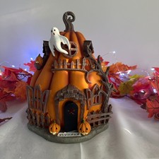 Halloween LED resin Haunted House pumpkin with ghost accent -11" height