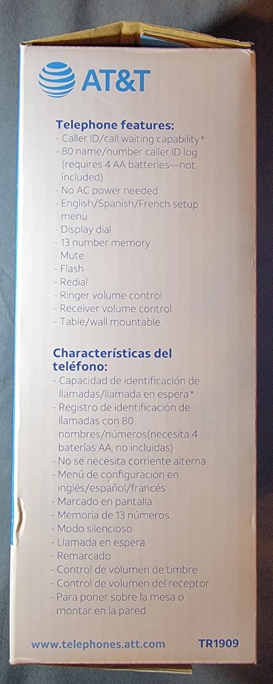 Teléfono con cable AT&T TR1909 Trimline con identificador de llamadas blanco nuevo sellado en caja Foto 3 de 4