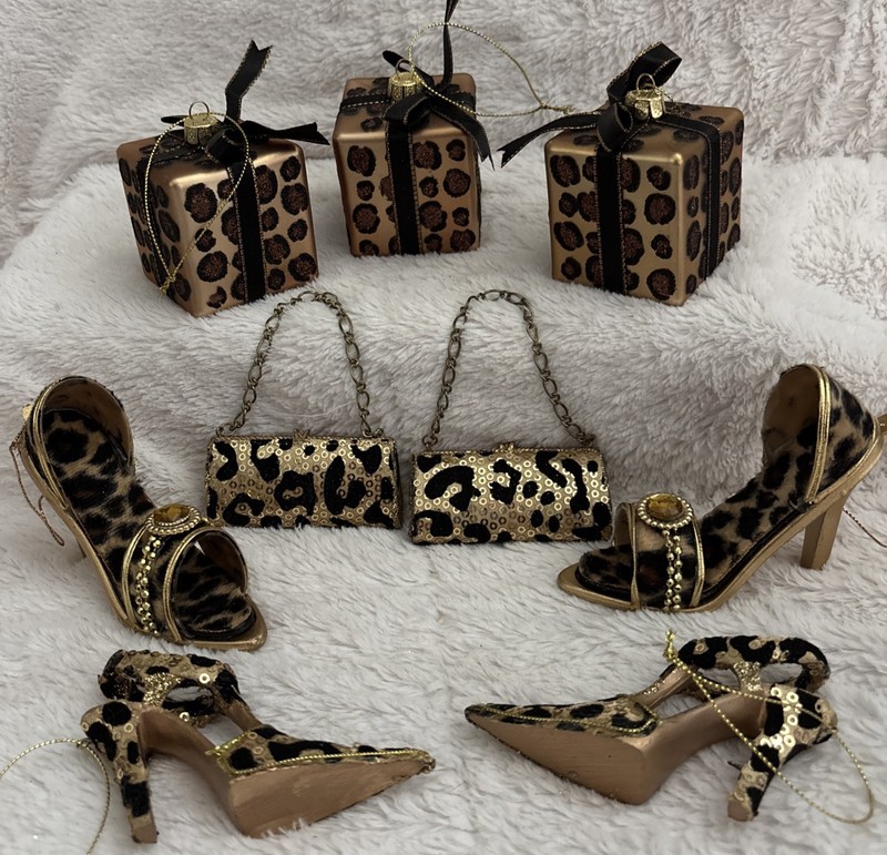 Leopard Ornaments Christmas Presents-Shoes-Purses Diva Set Of 9