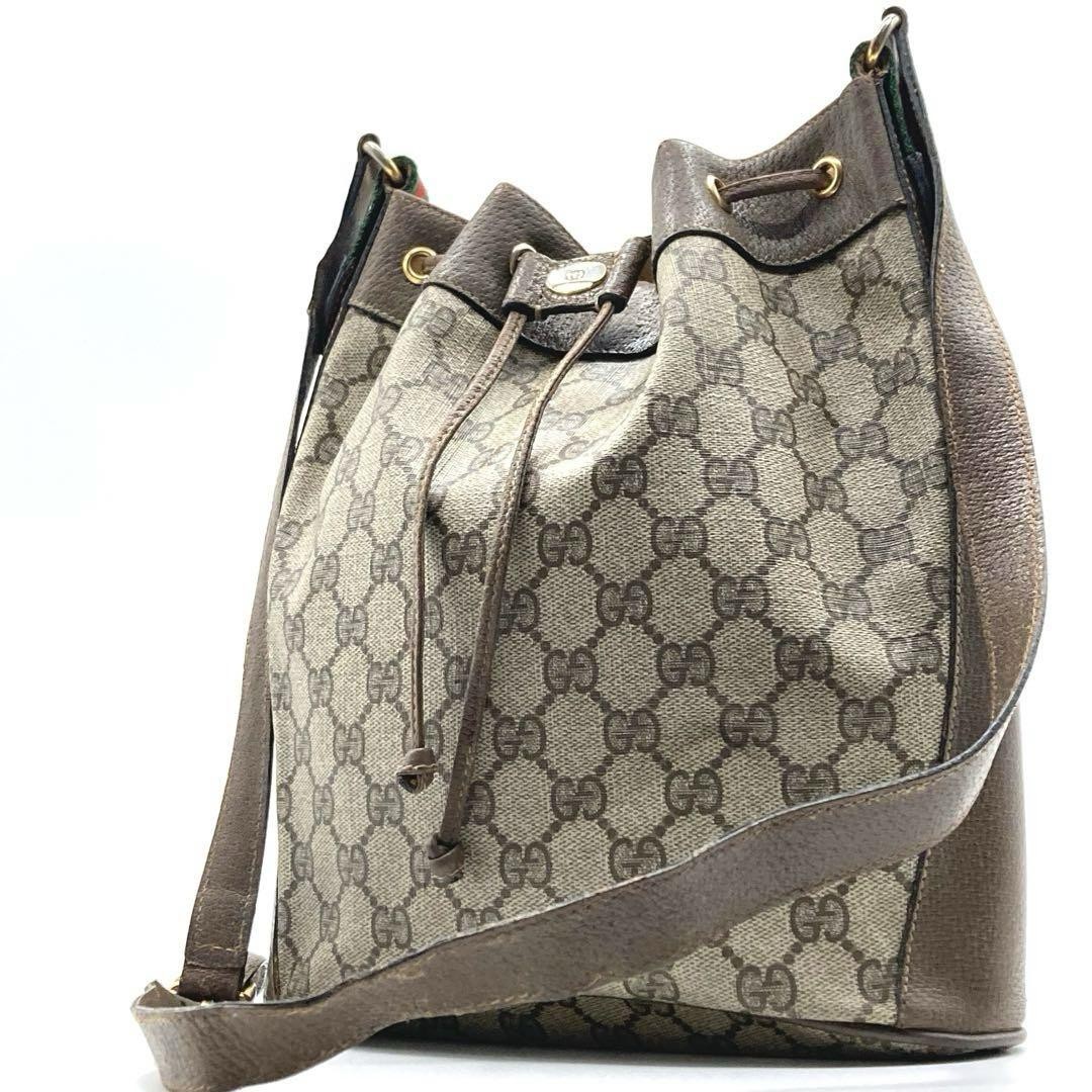 Gucci Sherry Line Leather Drawstring Shoulder Bag in Brown Beige Pre-Owned