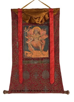 KALI MAHAKALI GODDESS HAND-PAINTED THANGKA WITH SILK BROCADE HINDU BUDDHIST ART