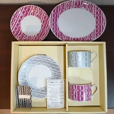 FAUCHON Paris Logo Oval Plate Cup Saucer 2 Color Set Pink Silver