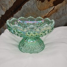 Rare Fenton Willow Green Hobnail Iridescent Opal Footed Candle Bowl 95th Anv