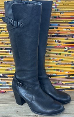 Born Leather Black Tall Boots Heeled Pebbled Buckle City office Women's Sz 7.5