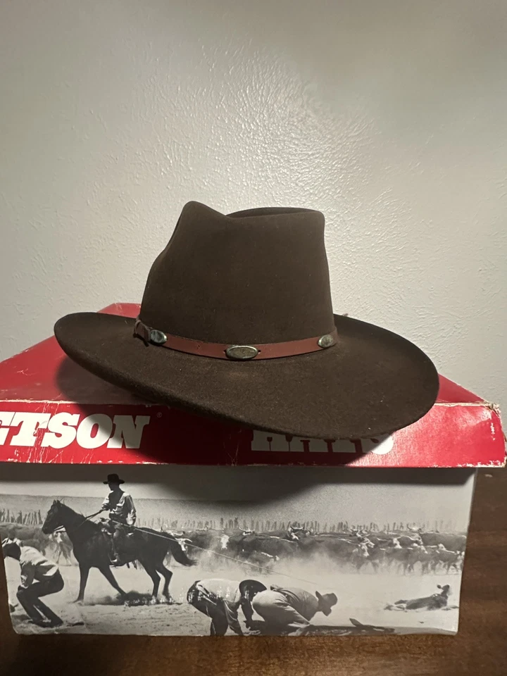 Chapéu de caubói Stetson marrom feltro 7 1/8 lã ocidental vintage com faixa e caixa chapéu raro - Imagem 2 de 4