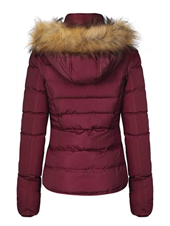 Women Winter Quilted Puffer Coat Fleece Lined Warm Jacket with Faux Fur Hood - Image 2 of 4